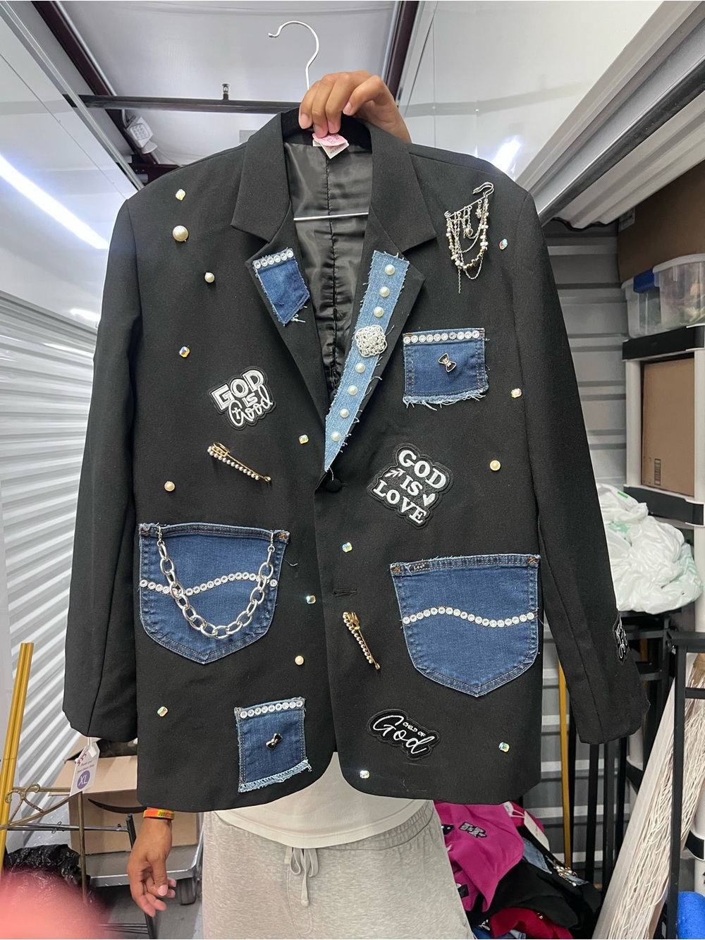Black Embellished Patchwork Blazer with Denim Accents